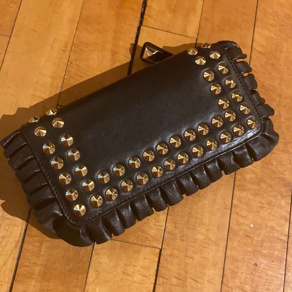 Black leather gold studded clutch